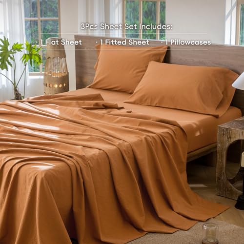 Image of MooMee Bedding Sheet Set 100% Washed Cotton Linen Like Textured Breathable Durable Soft Comfy (Solid Burnt Orange, Twin)