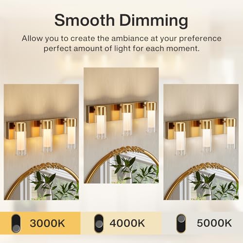 Image of Tribesigns LED Bathroom Light Fixtures, 3-Light Vanity Lights Over Mirror, Wall Lights with 3 Color Modes & Gold Finish, Wall Sconces with Clear Glass Shades for Bathroom Hallway Bedroom