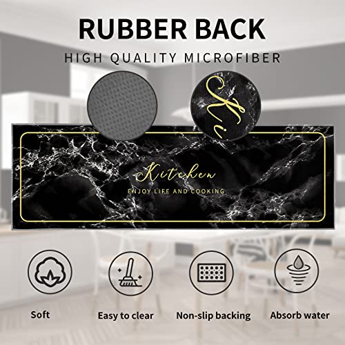 Black Kitchen Rugs and Mats Sets of 2 Pieces Funny Kitchen Decoration Non Slip Super Absorbent Kitchen Mat Runner Rug for Sink,Hallway,Laundry Room (Black Marble - Image 3