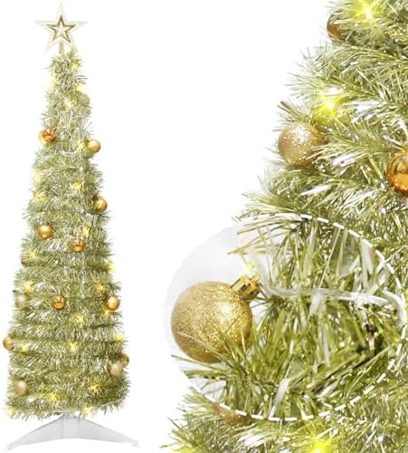 4FT Pop up Christmas Tree for Indoor Decoration,Pre-lit Mini Christmas Tree with 60 Lights, Champagne Gold Artificial Pencil Tree Collapsible Tinsel Lighted up with Gold Christmas Ball