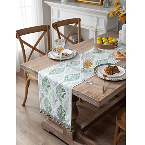 Kamenda Runner da Tavola Moderno nel Cotone e Lino, Runner da Tavola Foglie Verdi Della Fattoria con Nappe, Tavola per Pasqua, Biancheria da Letto, Tavolino,Copri TV 35*180cm