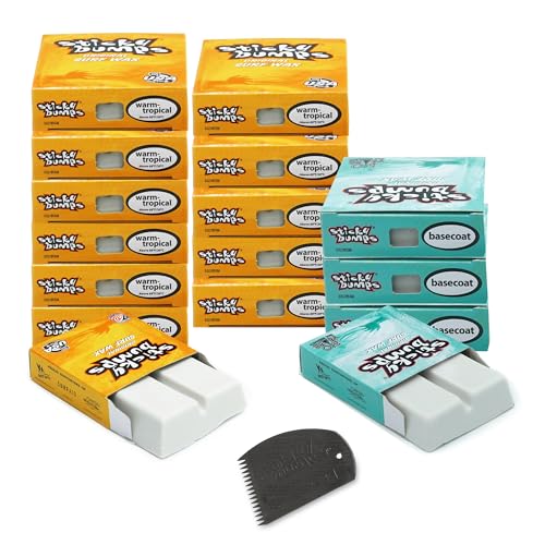 Sticky Bumps Original Surf Wax Bundle | 85g - 12 Pack Warm/Tropical (69F/20C) + 4 Pack Basecoat (All Temp) + Surf Wax Comb | Long-Lasting Biodegarbale | Great Bump Building & Grip