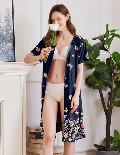 Image of Ekouaer Women Robes Lightweight House Coat Short Sleeve Floral Print Mumu House Dresses with Pockets Zipper Nightgowns