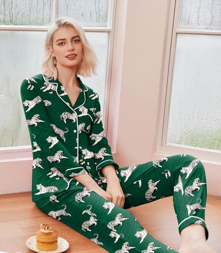 Image of Ekouaer Pajamas Women's Long Sleeve Sleepwear Soft Button Down Loungewear Pjs Lounge Set Nightwear XS-XXL