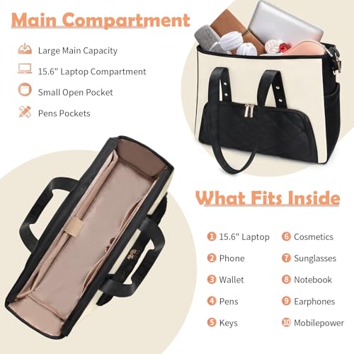 Laptop Tote Bag for Women, Work Bag with Insulated Lunch Compartment, 15.6 Inch Laptop Purse for Office,Teacher,College,Nurse,Travel, Black&White3