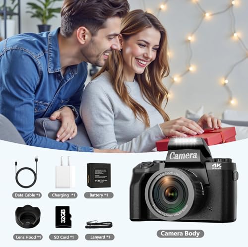 Image of Digital Cameras for Photography, 4K 64MP WiFi Vlogging Camera for YouTube with Dual-Lens,16X Digital Zoom,Flash,Touch Screen,Lens Hood,32GB TF Card & 3000mAH Battery