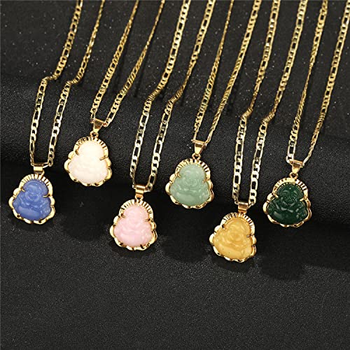 kelistom 14K Gold Plated Buddha Pendant Necklace for Women Men 3MM Flat Figaro Chain Necklace Blue Green Pink White Yellow Buddha Head3