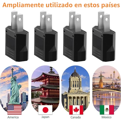 4 Piezas Adaptador Enchufe Europeo a Americano, Adaptador Enchufe Americano a Español, Tipo C/E/F/L/N a Tipo A para Viajeros Que Visitan USA/Japón/México/Canadá-Negro - Imagen 3