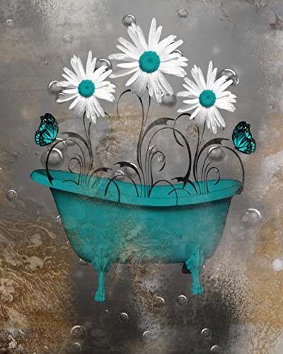 Teal Brown Daisy Flowers Rustic Photography Photo Unmatted Bathroom Laundry Room Home Decor Picture (8x10 Photo Print Only, Teal Daisy Flowers in Tub)