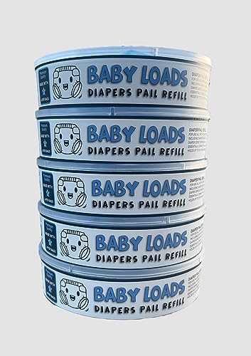 BABY LOADS Diaper Pail Refills | 5 Packs | Holds Up To 1600 New Born Diapers | Talc Scent | Diaper Pail refills With Max Odor Lock
