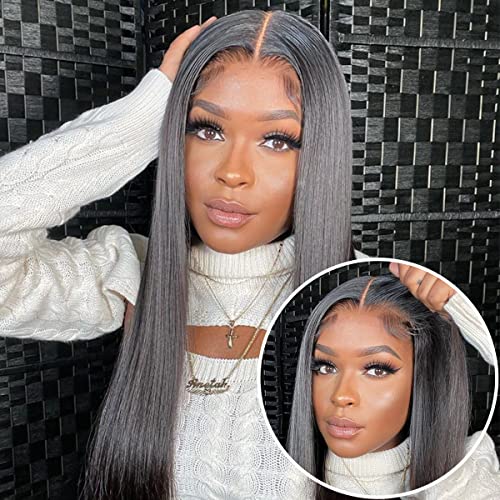 Lealife 24 Inch Wear and Go Glueless Wig for Beginners Glueless Wigs Human Hair Pre Plucked Straight Lace Front Wigs Human Hair Pre Cut Lace Closure Human Hair Wigs for Women 180% Density