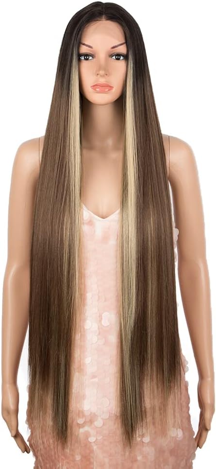 Style Icon Super Long Straight Lace Front Wig for Women 38 Inch Long Straight Hair T Part Wig Pre Plucked Synthetic Heat Resistant Fiber (TTOL4/30S/26J)