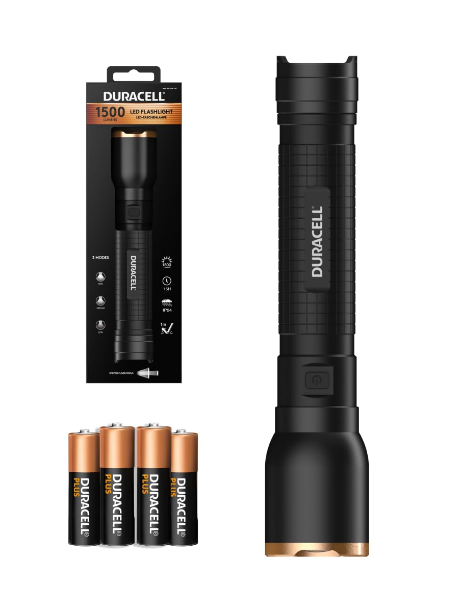 Duracell Linterna LED DF1500 Core – 1500 lúmenes, enfocable, alcance de 180 m, para exteriores y talleres, incluye 4 pilas AA, diferentes modos de luz, resistente a salpicaduras, carcasa de aluminio