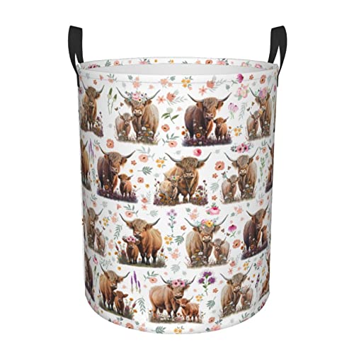 Image of Highland Cow Print Laundry Hamper Large Laundry Basket Foldable Dirty Clothes Toys Organizer Bag With Handles For Bathroom,Bedroom,College Dorm