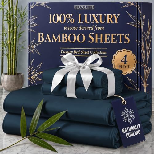 Image of DECOLURE 100% Viscose Derived from Bamboo Sheets Full Size - Luxury 4 Pc Naturally Cooling Sheets, Ultra Soft Bed Set - Deep 17 inch Pockets, Durable Double Stitching, Oeko Tex Standard (Navy Blue)