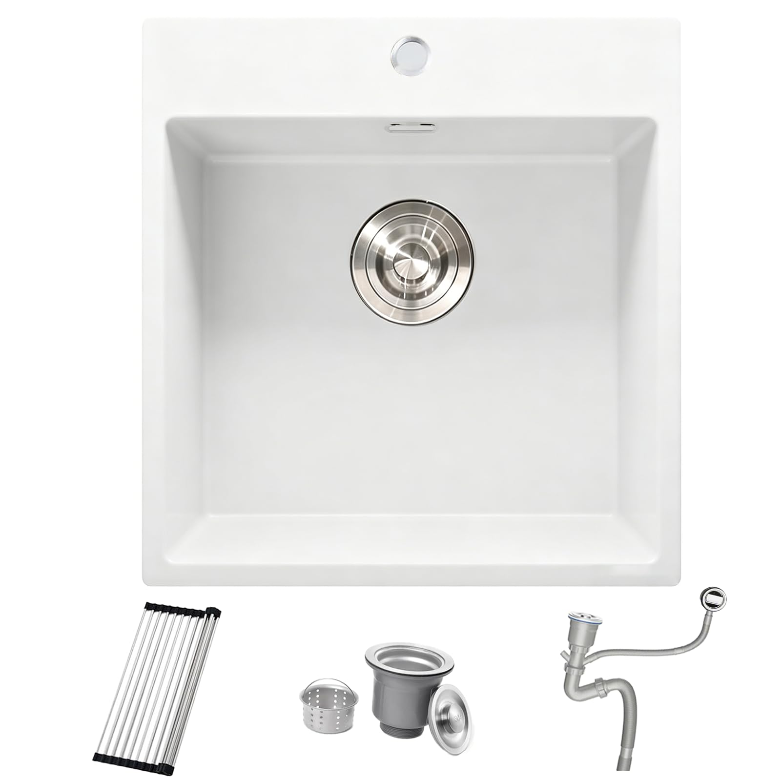 White Small Granite Kitchen Sink, 48 x 50 cm Campervan Kitchen Sink Bowl, Single Bowl Mini Basin Outdoor Rv with Strainer Waste & Overflow Kit, Roll-up Rack and Siphon