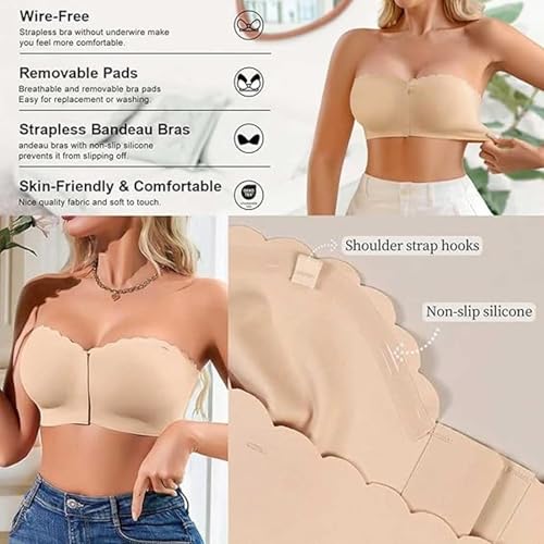 Surpassdo Strapless Bra, Seamless Front Closure Strapless Bandeau Bra, Ultimate Comfort, Non-Slip with Wavy Trim4
