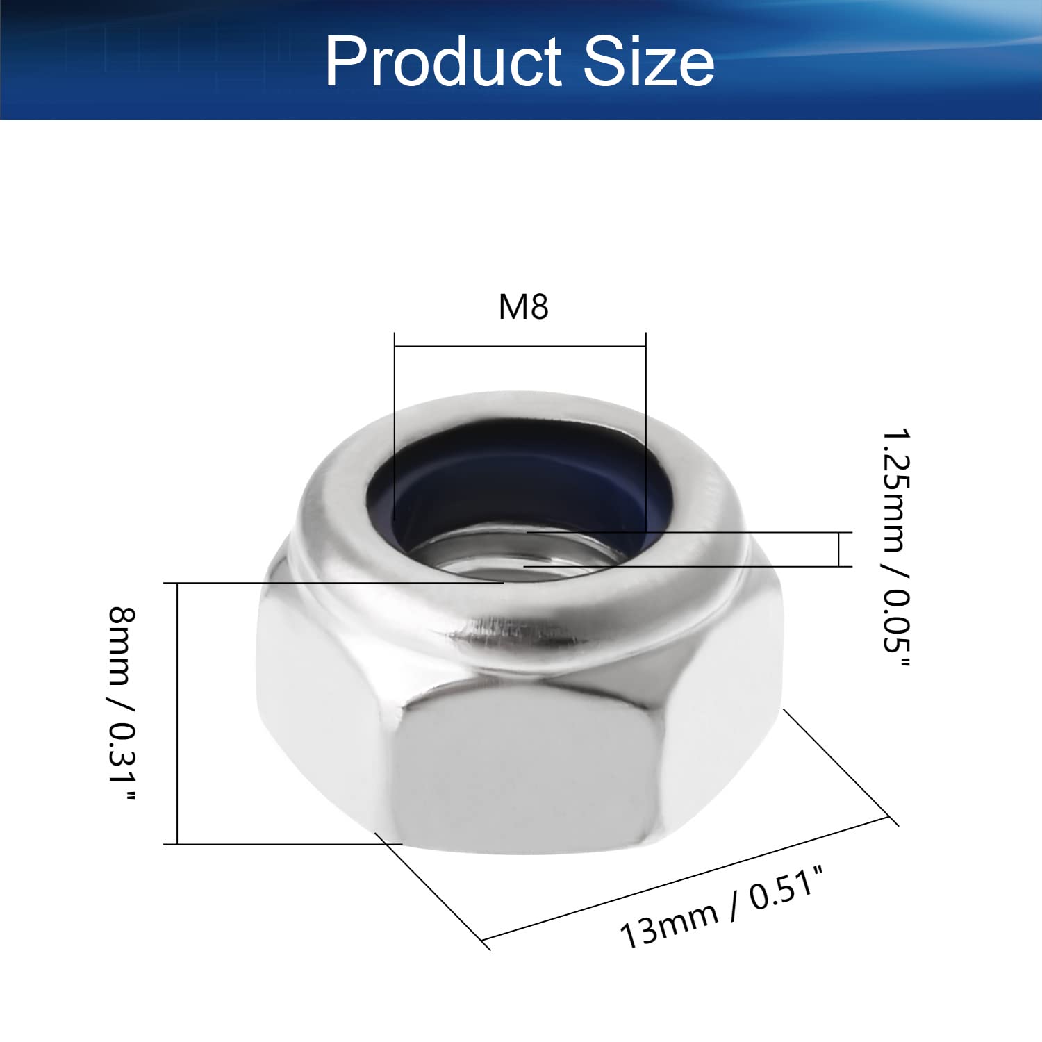 Yinpecly M8 X 1.25mm Nylon Insert Lock Nuts - 316 Stainless Steel, Pack Of 10 - View #8