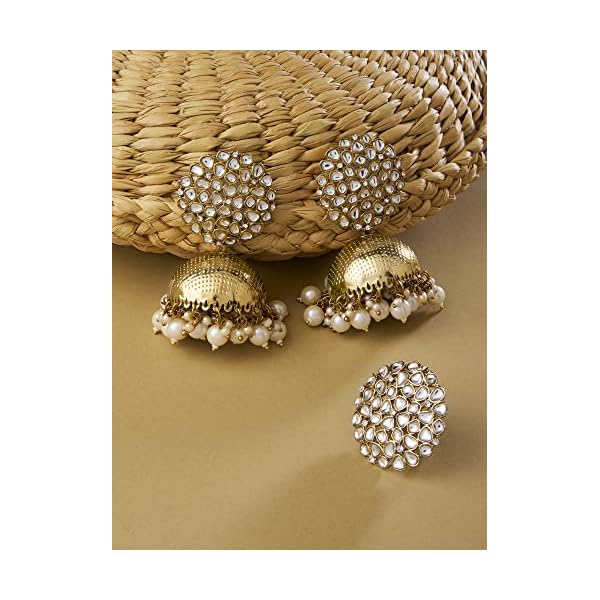 ZAVERI PEARLS Antique Gold Tone Traditional Kundan Jhumki Earring & Ring Set For Women-ZPFK13163 - Image 7