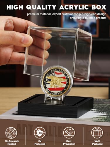 Image of JupDec Coin Display Case, Clear Acrylic Showcase with Wood Base & Alloy Holder for Single Challenge Coin, UV Protection Souvenirs and Collectibles Box, Ideal Gift for Coin Fans, Black