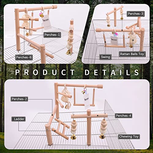 Image of QBLEEV Bird Cage Play Stand Toy Set-Birdcage Wood Stands Hanging Chew Toys Ladder Swing Parrot Perch Play Gym Playground Accessories Activity Center for Conure, Parakeets, Budgie, Cockatiels,Lovebirds