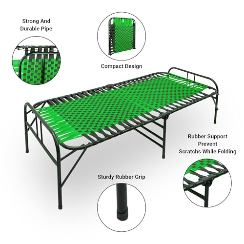 Image of Casa Copenhagen, Portable Single Folding Bed Heavy Duty Metal Cot Khat for Sleeping Bed Space Saving Design Sturdy Synthetic Niwar feet - Green & Charcoal Black