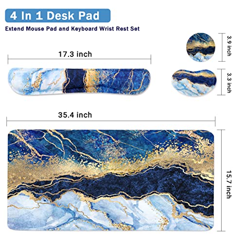 Image of 4-in-1 Large Gaming Mouse Pad, Keyboard Wrist Rest Pad & Wrist Support Mousepad Set, Extended Desk Pad Waterproof Desk Mat for Home Office Study Game - Blue Gold Marble