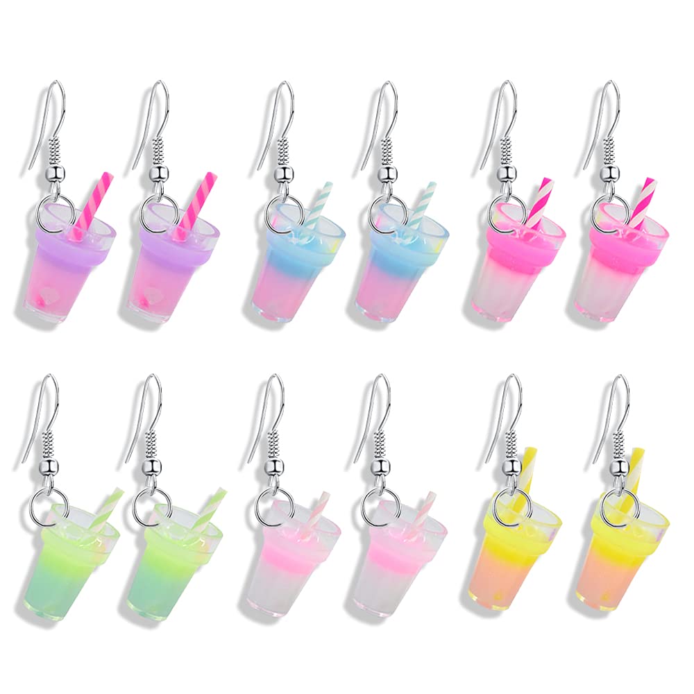 YUNXI3D Multicolour Ice Cream Boba Tea Drink Earring 6 Pairs Unique Candy Color Milk Tea Bubble Drink Simulated Food Unusual Dangle Earrings for Girl Women Gift Creative Jewelry Accessories