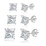 Mia Sarine Rhodium Plated Silver Square Stud Women's Earring Set of 3