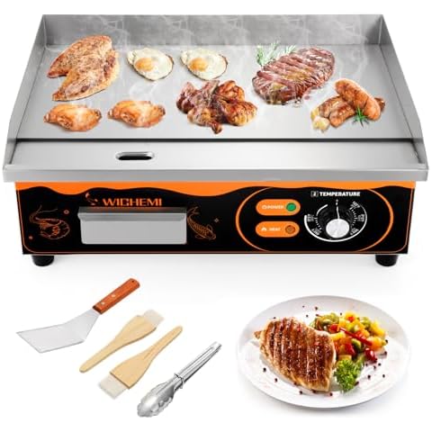 WICHEMI 22" Electric Grill Commercial Countertop Griddle Flat Top Grill Hot Plate Non-Stick Stainless Steel Teppanyaki Grill for Restaurant Kitchen, 110V 3000W Cover