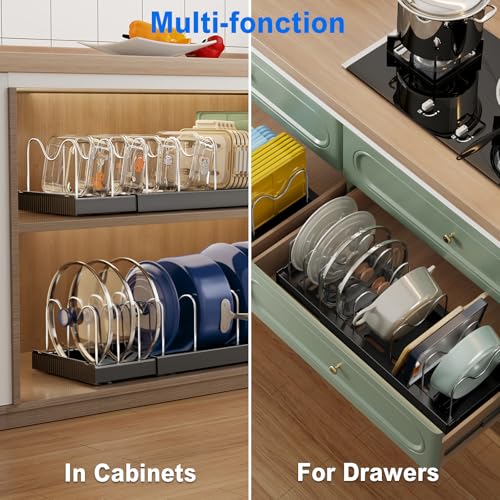 Image of Mustorn Pots and Pans Organizer Under Cabinet, 22 inch Expandable Food Storage Container Lid Organizers with 9 Adjustable Dividers Pot and Pan Lid Holders Rack Inside Cabinet /Countertop(1 Pack, Black)
