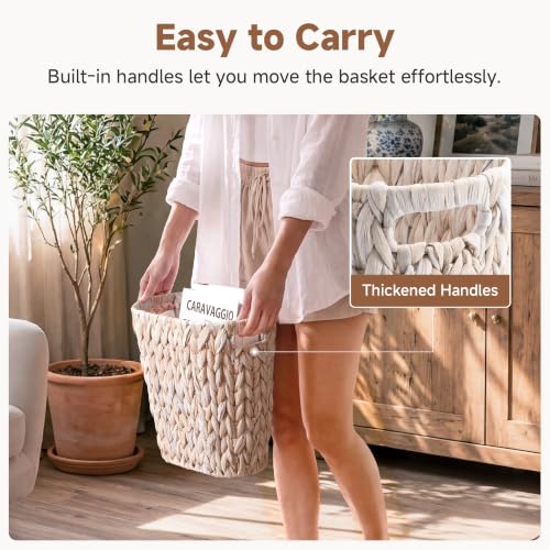 Image of StorageWorks 4.5 Gallon Slim Bathroom Trash Can with Built-in Handles, Wicker Waste Basket for Bathroom and Bedroom, Decorative Water Hyacinth Office Garbage Cans, Narrow Trash Bin for Decor, White