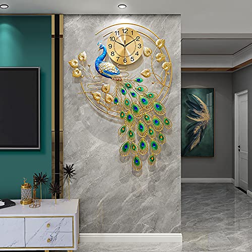 Image of Large Peacock Wall Clock 36.6 inch Metal Design Non-Ticking Silent Art Digital Wall Clocks for Living Room Decor (Yellow&Green)
