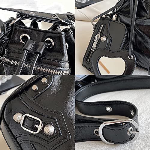 Large Capacity Bucket Bag Purses for Women, Cool Studded Punk Motocycle Crossbody Bag,PU Leather Drawstring Shoulder City Bag (Purple)3