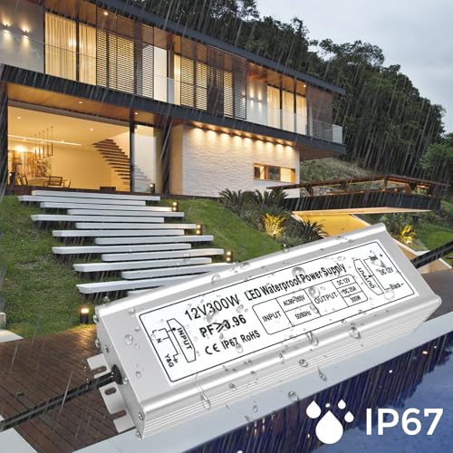 Image of LED Driver 300W 12V Power Supply, IP67 Waterproof Low Voltage Transformer, 110V AC to 12V DC Converter for Outdoor Landscape Lighting and LED Strip, with 3-Prong Plug 3.3FT Cable