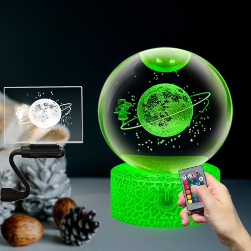 Creative Design Starry Star Planet 3.15in Crystal Ball Atmosphere Mood Romantic Night Light Art Engraving Paperweight Glass Sphere with Stand Remote Control 16 Colors Gradient Adjustable Gift Tabletop