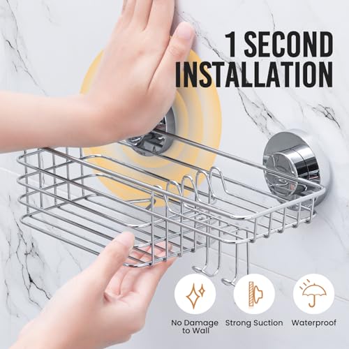 Image of LEVERLOC Shower Caddy Suction Cup, 3 Pack Heavy Duty Bathroom Organizer for Inside Shower with Hooks & Soap Holder, Removable Bathroom Organizer, Rustproof Silver Holder Storage,Silver