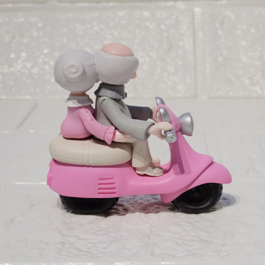 Image of Vintage Decorative Miniature Couple on Scooter Figurine, PVC Garden Ornament, Romantic Home Decor Collection Piece