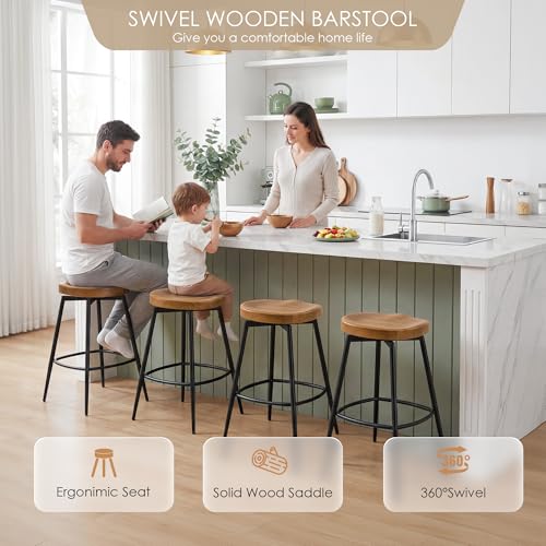 Image of 25 inch Swivel Backless Saddle Bar Stools Set of 2, Walnut | Solid Wood Saddle Seat with Metal Legs, Footrests and Non-Marking Feet for Kitchen Island