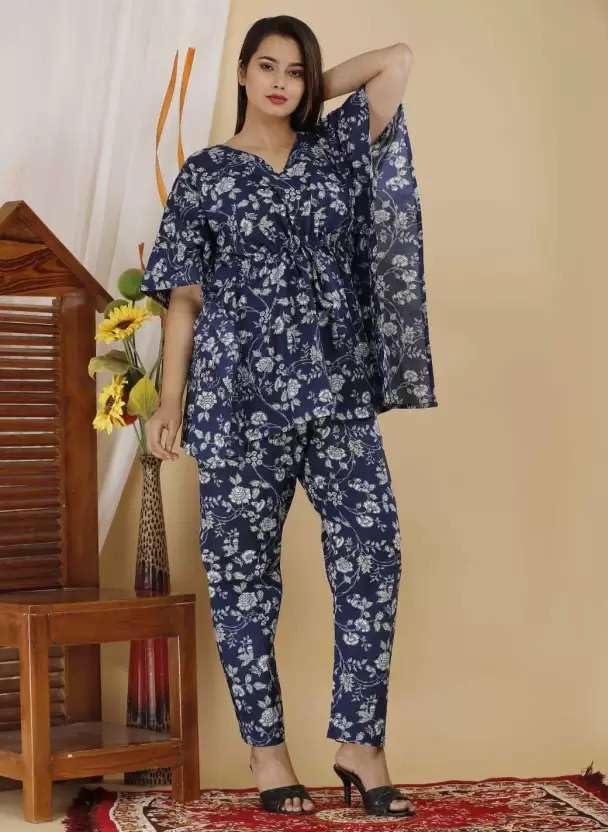 Image of Women's Cotton Floral Printed Casual & Night Wear Kaftan with Pant