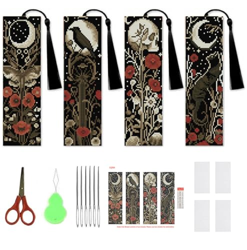NEGEKFKX 4 Pcs Flower Cross Stitch Bookmark Kit for Adult Beginners,Bohemia Moth Cross Stitch Kits 14 CT DIY...