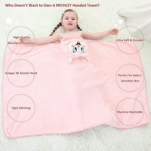 Image of MICHLEY Unisex Hooded Baby Towel Soft Absorbent Washcloths Cartoon Beach Swimming Bathrobe 27.5 inch x 47 inch for 0-7T Toddler(Pink)
