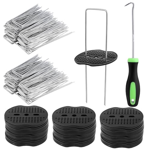 Weed Membrane Pegs 100 Pcs 6/15cm U-Shaped Garden Pegs Stakes + 100 Pcs Buffer Washer Strong Garden Weed Membrane Pegs Steel for Fixing Landscape Fabric Mulch Artificial Turf(With 1 Pick Hook)