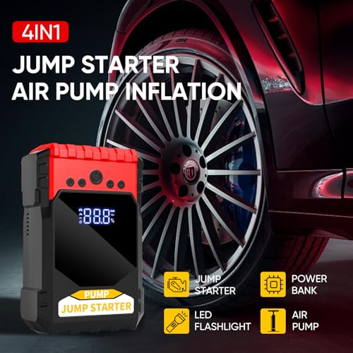 Jump Starter with Air Compressor, 6000A Car Battery Jumper Starter (10.0 Gas/8.0L Diesel), 12V Jump Starter Battery Pack, Portable Jump Box with LED Display, Flashlight and Jumper Cable - Image 3