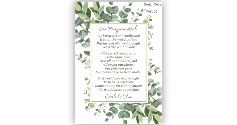 Sage Green Personalised Wedding Gift Poem Cards - Honeymoon Wish Poem's - Money Poem (64 Cards)