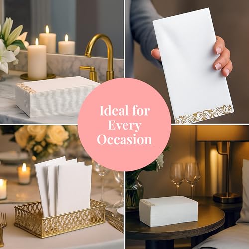 Image of Prestee 200 Pack Disposable Paper Guest Towels for Bathroom, 2-Ply - Elegant Linen Feel Paper Napkins - Absorbent Decorative Guest Towels for Bathroom, Wedding, and Party Use - (White and Gold)