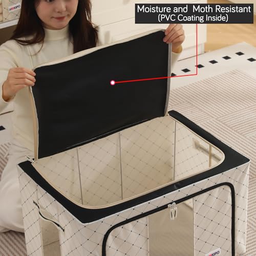 Image of HOKIPO 66L Folding Storage Box and Organiser for Clothes, 600D Oxford Fabric Storage Box, Ivory Noir Pack of 2 (AR-6486-BLK*2)