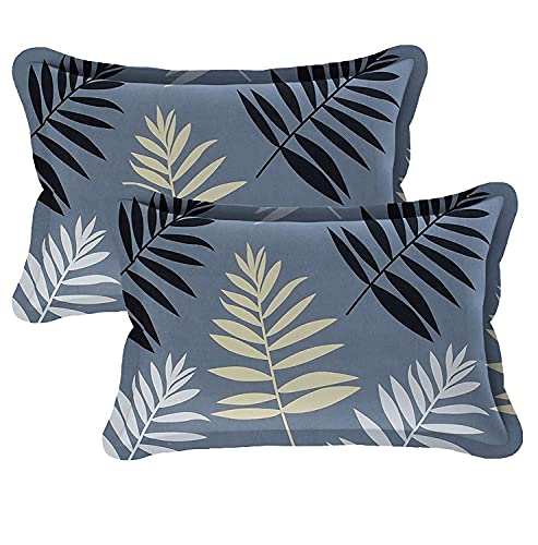 Image of 300 Tc Cotton Feel Glace Cotton Fully Elastic Fitted Leaf, Grey Leaves Bedsheet Queen Size Double Bed With 2 Pillow Covers (60 inch X 78 inch Inches)