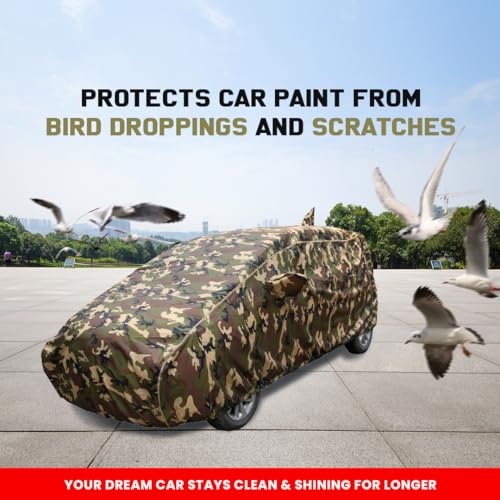 Image of Aura Waterproof Car Cover with Mirror & Antenna Pockets, Jungle Print Army Design, 4x4 American Matty,Triple Stitched, Compatible with Hyundai Aura Car Cover (2020 to 2024), Aura Car Accessories
