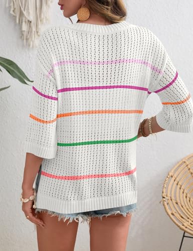 Image of Rapbin Women's Crochet V Neck Beach Cover Up 3 /4 Sleeve Hollow Out Knitted Pullover Sweater